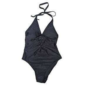 Adore Me One Piece Lace Up Halter One Piece Swimsuit Black Large